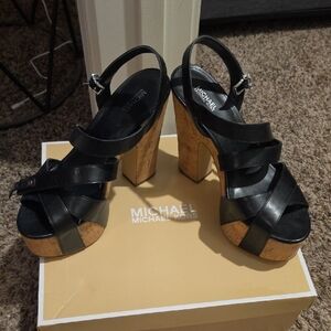 Michael Kors Black Leather Platform Sandals with Cork Block Heel